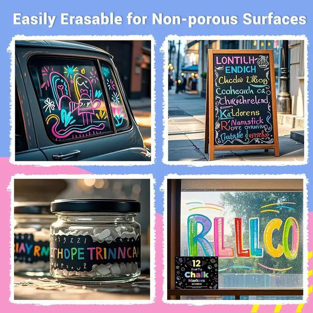 Alt view image 7 of 7 - 12 Dual Tip Liquid Chalk Markers - Erasable Marker Pens for Blackboard, Chalkboard Signs, Glass, Chalk Pens Wet Erase Makers for Bar Menu, School,Wedding Sign, Just Married Car Windows Decorations