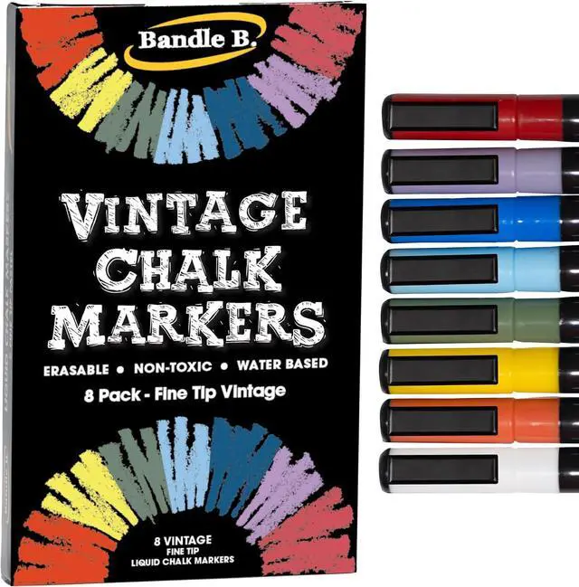 Main image of Bandle B. Chalk Markers - 8 Vintage Extra Fine Tip, Erasable, Non-Toxic, Water-Based, for Glass or Chalkboard Markers for Businesses, Restaurants - Liquid Drawing Chalk