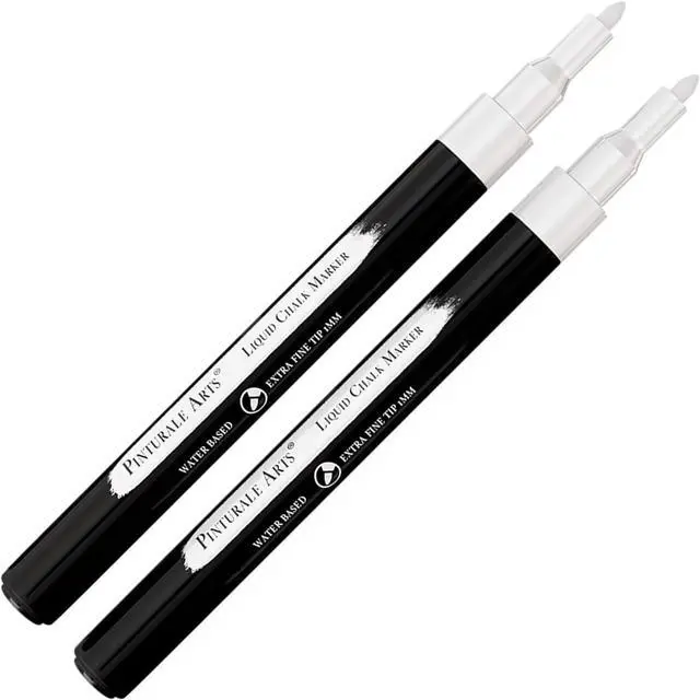 Main image of Pinturale Arts 2 Extra Fine Tip White Chalk Markers | 1mm Tip | For Windows, Blackboard, Dry Erase Board, Chalkboards, Glass, Easy Erase | White Chalk Pens Fine Tip