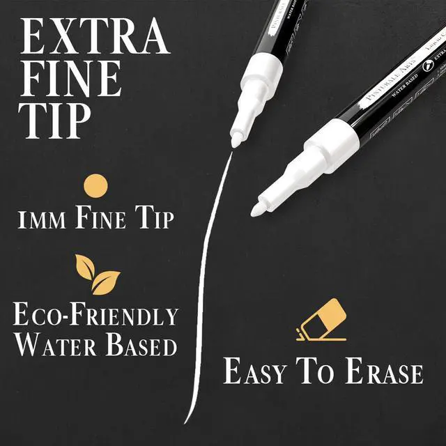 Alt view image 2 of 7 - Pinturale Arts 2 Extra Fine Tip White Chalk Markers | 1mm Tip | For Windows, Blackboard, Dry Erase Board, Chalkboards, Glass, Easy Erase | White Chalk Pens Fine Tip