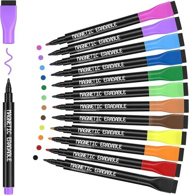 Main image of 12pcs Colorful Magnetic Whiteboard Markers, 1mm Fine Tip White Board Pens