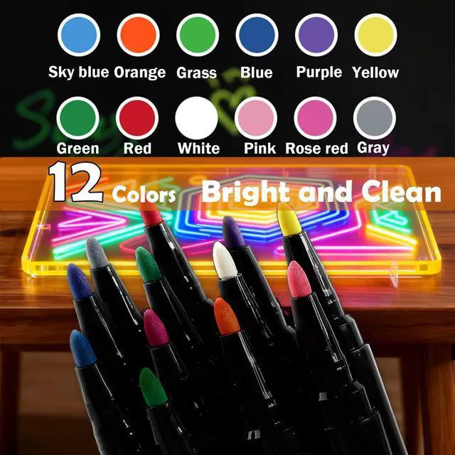 Alt view image 5 of 7 - 12-Color Markers for LED Drawing Board, Erasable Light Board Marker Pens for LED Note Board Acrylic Dry Erase Board Fridge Calendar Doodle Book with Microfiber Cleaning Cloths