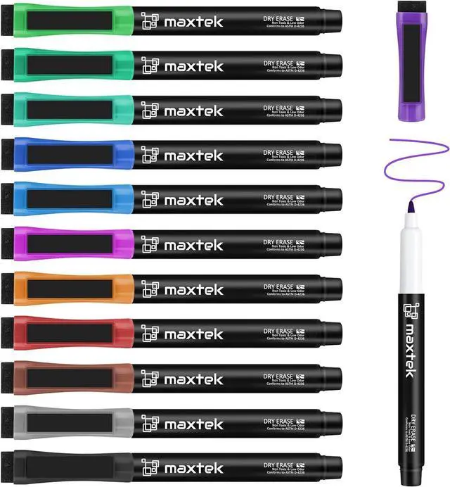 Main image of maxtek Magnetic Dry Erase Markers with Eraser, Ultra Fine Tip, 12 Colors