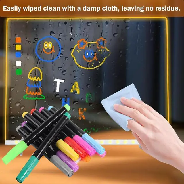 Alt view image 4 of 7 - 12-Color Markers for LED Drawing Board, Erasable Light Board Marker Pens for LED Note Board Acrylic Dry Erase Board Fridge Calendar Doodle Book with Microfiber Cleaning Cloths