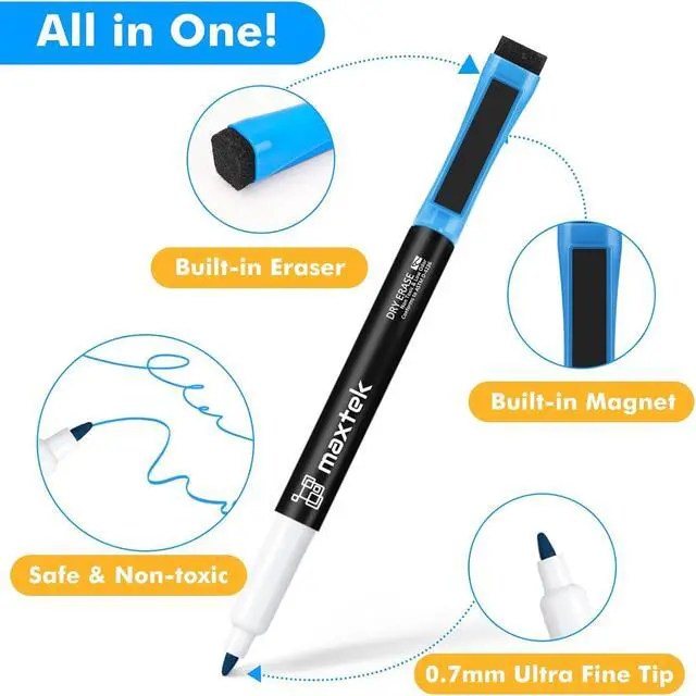 Alt view image 6 of 7 - maxtek Magnetic Dry Erase Markers with Eraser, Ultra Fine Tip, 12 Colors