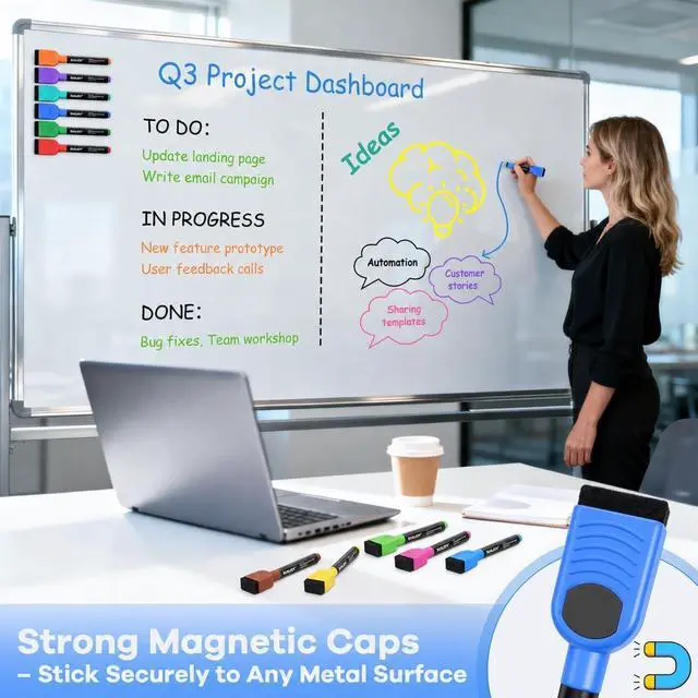 Alt view image 4 of 6 - SUQJOY Magnetic Dry Erase Markers, Fine Tip Whiteboard Markers with Eraser Caps, Low Odor, 12 Assorted Colors, for Fridge Calendar, 12 Count