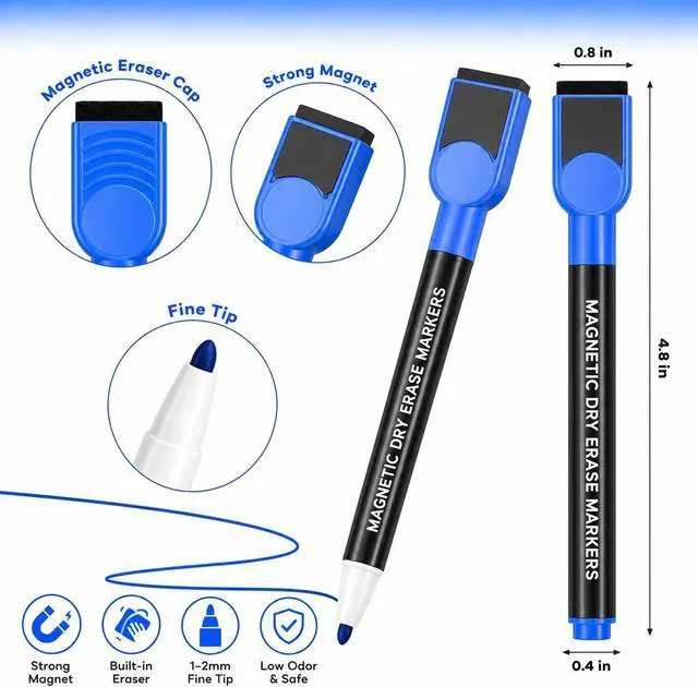 Alt view image 3 of 6 - SUQJOY Magnetic Dry Erase Markers, Fine Tip Whiteboard Markers with Eraser Caps, Low Odor, 12 Assorted Colors, for Fridge Calendar, 12 Count