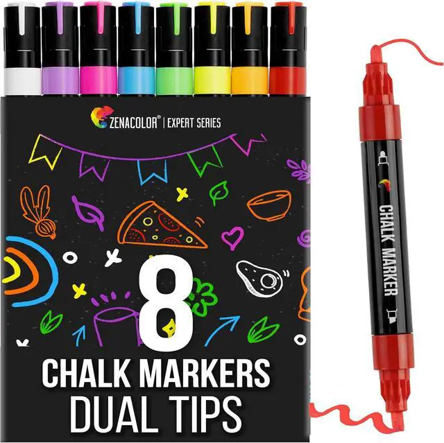 Main image of Zenacolor Liquid Chalk Markers - Dual Tips, 8 Vibrant Colors, Non-Toxic, Quick-Drying, Erasable for Blackboard, Windows, Glass, Cars - 24 Labels Included