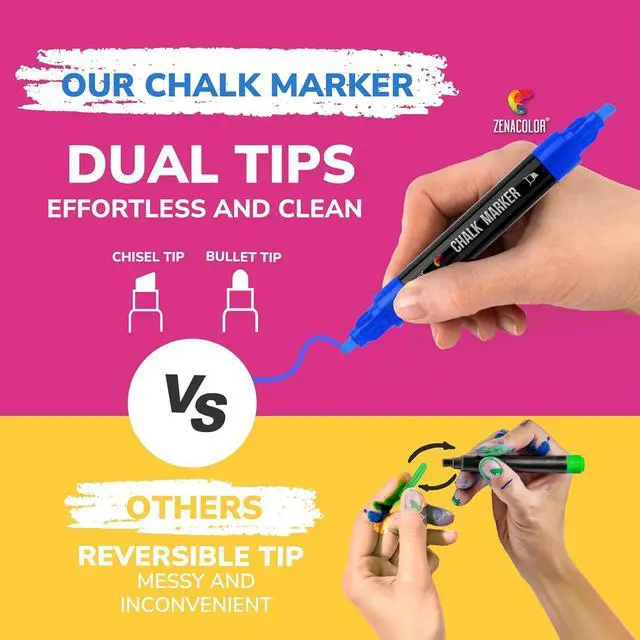 Alt view image 2 of 6 - Zenacolor Liquid Chalk Markers - Dual Tips, 8 Vibrant Colors, Non-Toxic, Quick-Drying, Erasable for Blackboard, Windows, Glass, Cars - 24 Labels Included