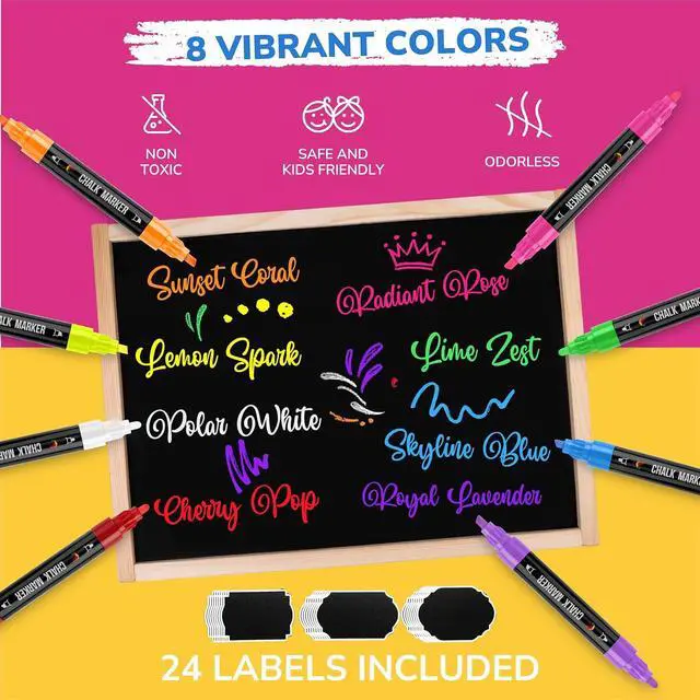 Alt view image 4 of 6 - Zenacolor Liquid Chalk Markers - Dual Tips, 8 Vibrant Colors, Non-Toxic, Quick-Drying, Erasable for Blackboard, Windows, Glass, Cars - 24 Labels Included