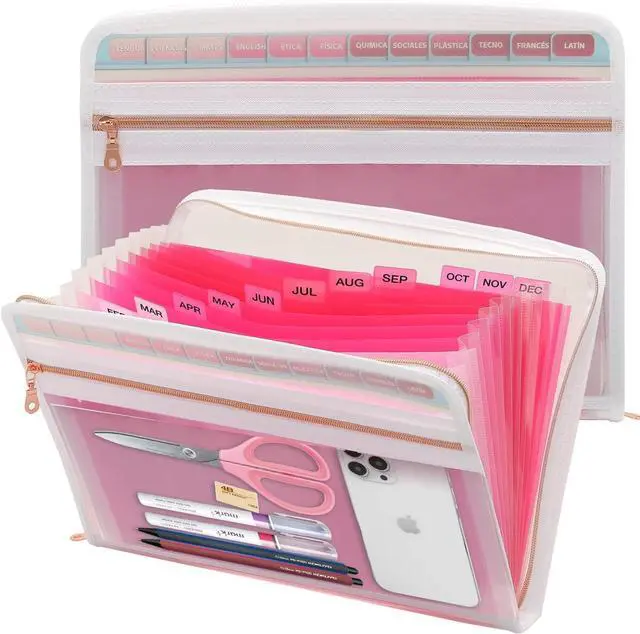 Main image of Mukawa 13 Pocket Zippered Expanding File Folder, Accordion File Organizer for Documents Letter Size A4 Papers (Pink)