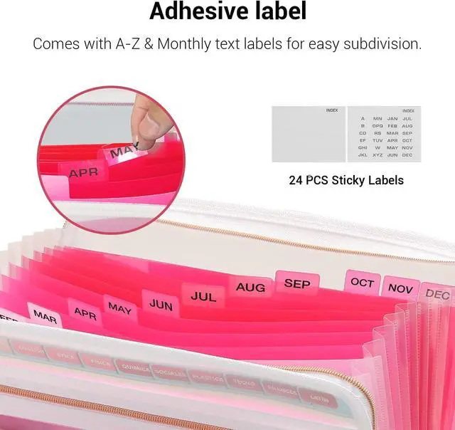 Alt view image 4 of 7 - Mukawa 13 Pocket Zippered Expanding File Folder, Accordion File Organizer for Documents Letter Size A4 Papers (Pink)