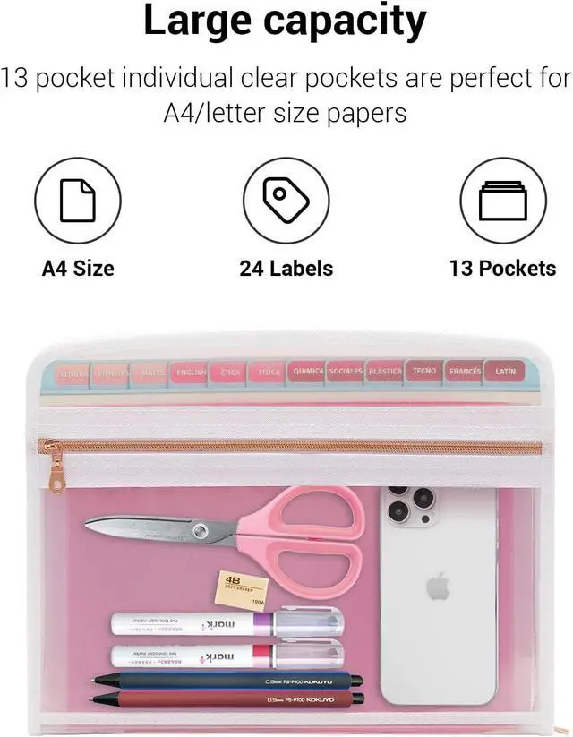 Alt view image 5 of 7 - Mukawa 13 Pocket Zippered Expanding File Folder, Accordion File Organizer for Documents Letter Size A4 Papers (Pink)