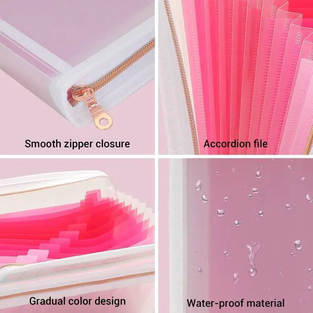 Alt view image 6 of 7 - Mukawa 13 Pocket Zippered Expanding File Folder, Accordion File Organizer for Documents Letter Size A4 Papers (Pink)