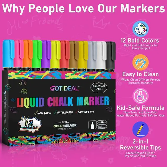 Alt view image 2 of 7 - GOTIDEAL Chalk Markers, 12 Colors Liquid Chalk Markers for Blackboard