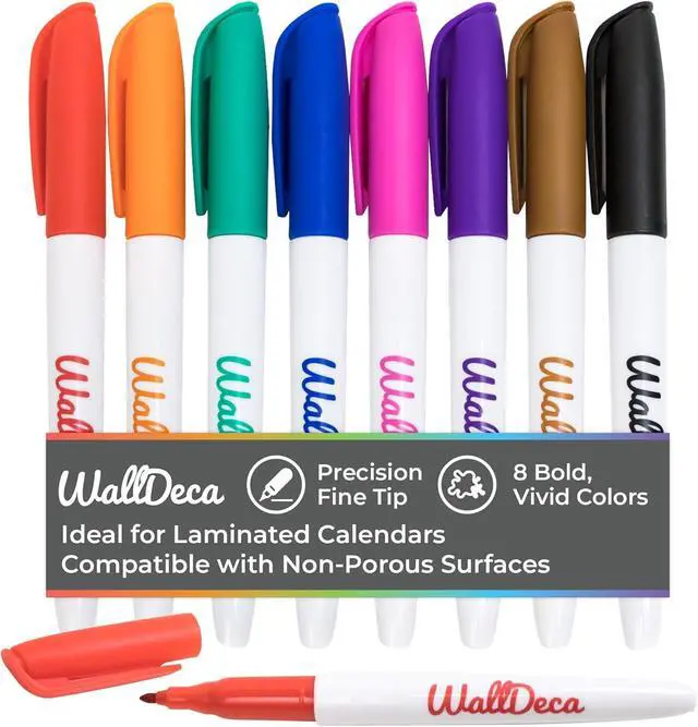 Main image of WallDeca Wet Erase Markers Fine Point, 8 Assorted Colors, Durable Tips