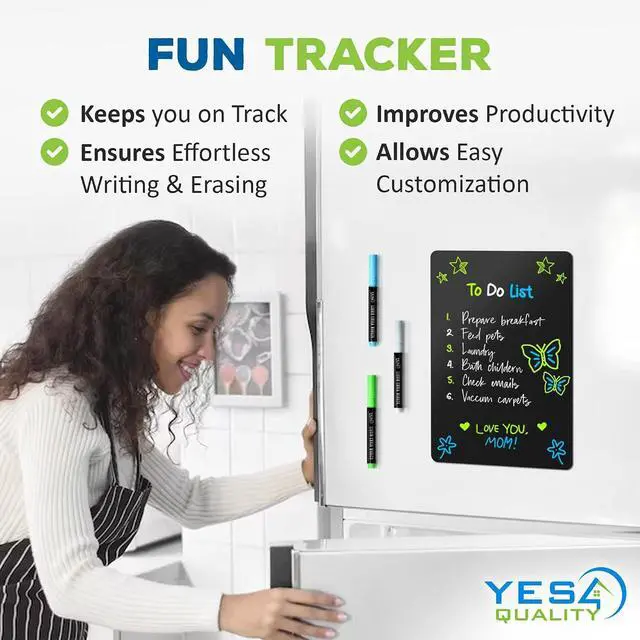 Alt view image 2 of 7 - 12 x 8 Magnetic Black Dry Erase Board for Fridge w/ 3 Markers & Eraser