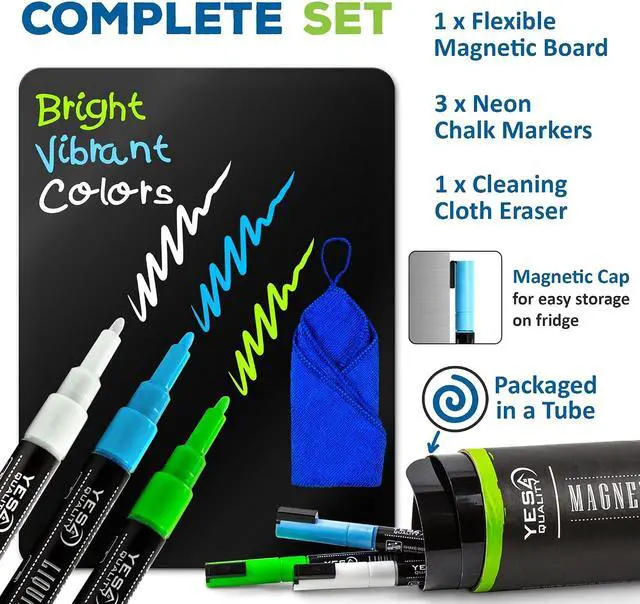 Alt view image 3 of 7 - 12 x 8 Magnetic Black Dry Erase Board for Fridge w/ 3 Markers & Eraser
