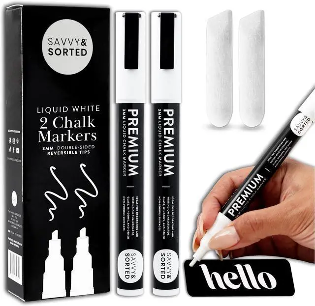 Main image of SAVVY & SORTED Erasable White Chalk Markers, 2PK 3mm Liquid Fine Tip Pens Chalkboard Bistro Marker for Glass Window Board