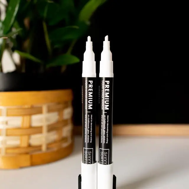 Alt view image 3 of 7 - SAVVY & SORTED Erasable White Chalk Markers, 2PK 3mm Liquid Fine Tip Pens Chalkboard Bistro Marker for Glass Window Board