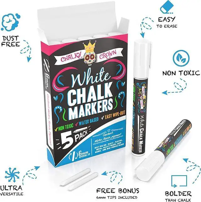Alt view image 2 of 7 - CHALKY CROWN White Liquid Chalk Markers - White - 5 Pack, 6mm Tip
