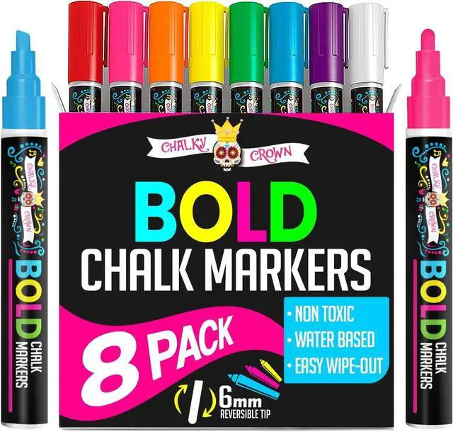 Main image of CHALKY CROWN Liquid Chalk Markers - Bold Chalkboard Markers - 8 Pack, 6mm