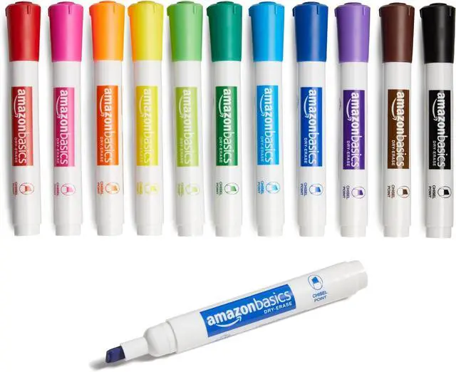 Main image of Amazon Basics Dry Erase Whiteboard Markers, Chisel Tip, Low-Odor, Assorted Colors, 12-Pack, Erase Easily