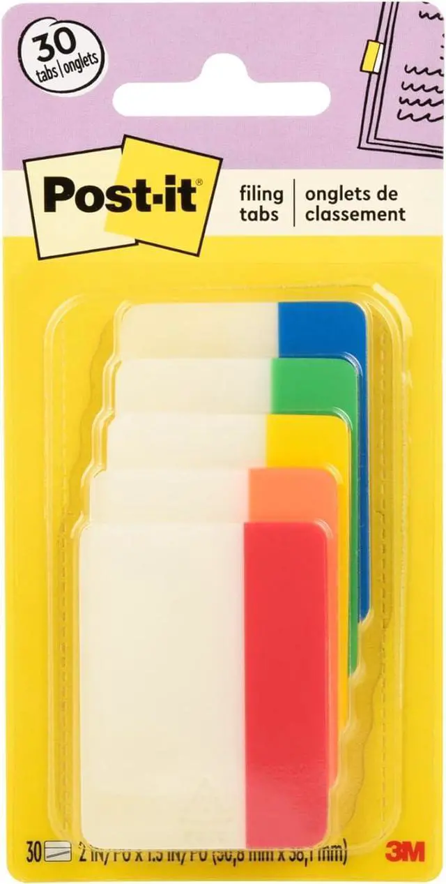 Main image of Post-it Sticky Tabs, 2 in. x 1.5 in., 5 Pads of Book Tabs in Assorted Colors for Bookmarking, Annotating, Reading, and Reminders, Yellow, Red, Green, Blue, and Orange Colors (30 Total Count)