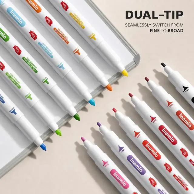 Alt view image 3 of 7 - inamio 12 Dry Erase Markers Dual Tip, Ultra Fine & Broad, Pastel & Classic