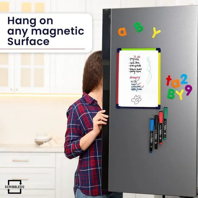 Alt view image 2 of 7 - Scribbledo 9 x 12 Magnetic Dry Erase Board with 4 Markers, Double Sided Hardboard with a Crisp Reusable Writing Surface for Color Coded Practice at Home or School