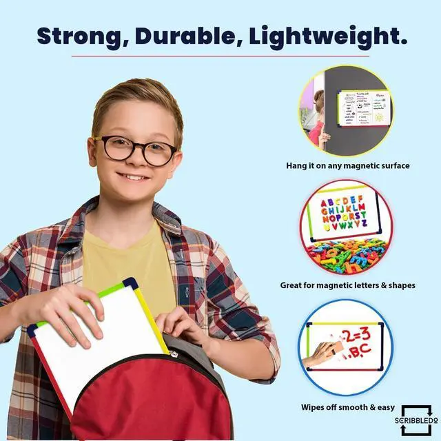 Alt view image 5 of 7 - Scribbledo 9 x 12 Magnetic Dry Erase Board with 4 Markers, Double Sided Hardboard with a Crisp Reusable Writing Surface for Color Coded Practice at Home or School