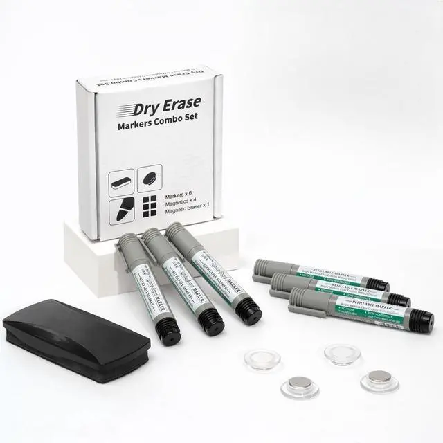 Main image of Dry Erase Markers Set (11-Piece Set) Fine Tip Dry Erase Markers Includes 6 whiteboard markers, 4 strong magnets, and 1 whiteboard eraser; dry-erase markers (black)