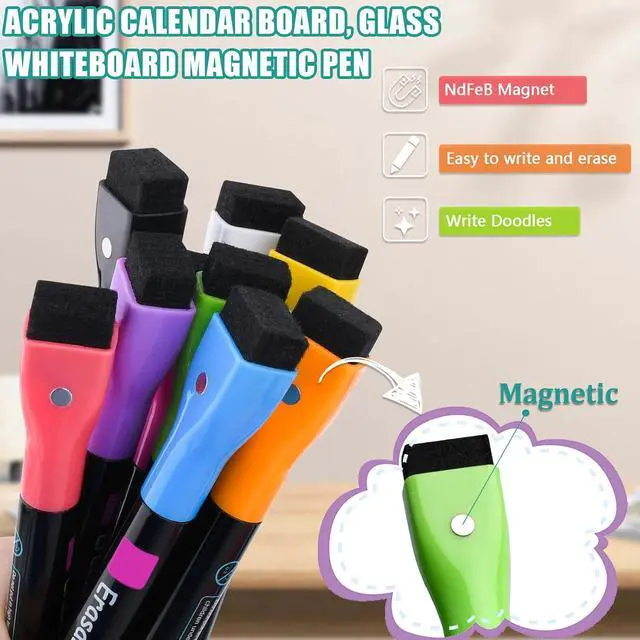 Alt view image 2 of 5 - Magnetic Wet Erase Markers, Liquid Chalk Markers Ultra Fine Tip for Acrylic Calendar, Whiteboard Marker with Erasers Cap for Planning Board, Clear Glass, Low Odor Fine Tip Wet Wipe Pens, 8 Pack