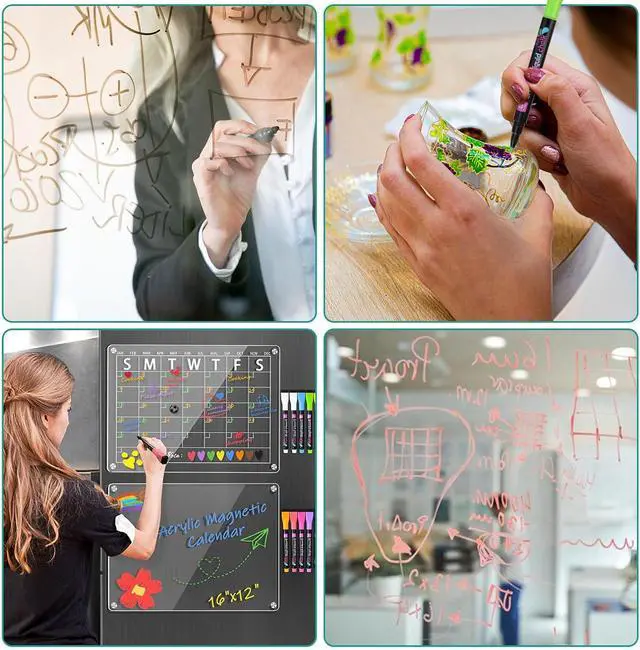 Alt view image 3 of 5 - Magnetic Wet Erase Markers, Liquid Chalk Markers Ultra Fine Tip for Acrylic Calendar, Whiteboard Marker with Erasers Cap for Planning Board, Clear Glass, Low Odor Fine Tip Wet Wipe Pens, 8 Pack