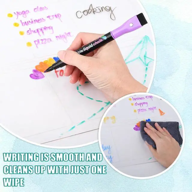 Alt view image 4 of 5 - Magnetic Wet Erase Markers, Liquid Chalk Markers Ultra Fine Tip for Acrylic Calendar, Whiteboard Marker with Erasers Cap for Planning Board, Clear Glass, Low Odor Fine Tip Wet Wipe Pens, 8 Pack
