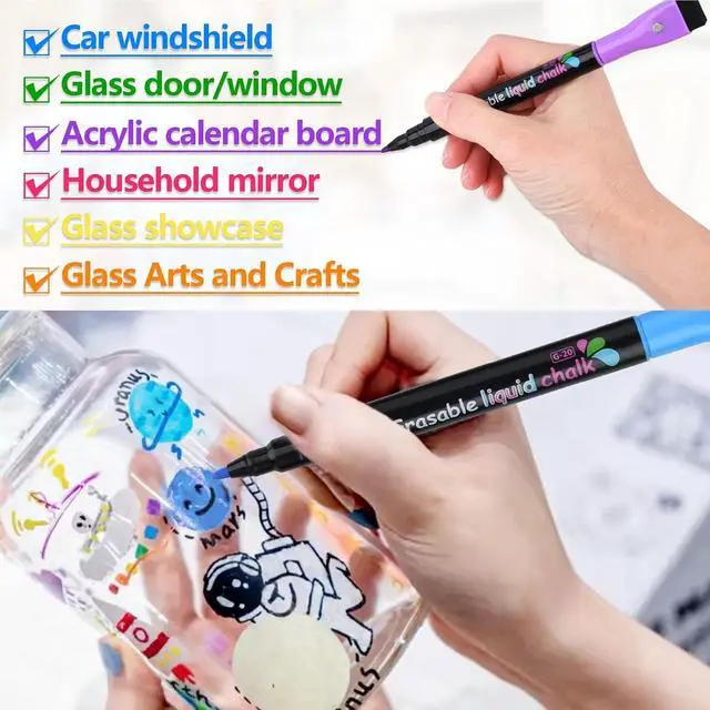 Alt view image 5 of 5 - Magnetic Wet Erase Markers, Liquid Chalk Markers Ultra Fine Tip for Acrylic Calendar, Whiteboard Marker with Erasers Cap for Planning Board, Clear Glass, Low Odor Fine Tip Wet Wipe Pens, 8 Pack
