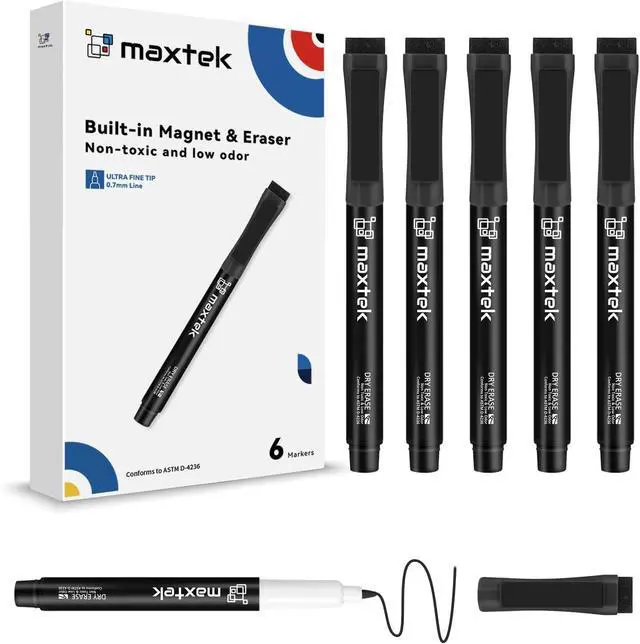 Main image of maxtek Magnetic Black Dry Erase Markers with Eraser, Ultra Fine, 6 Count