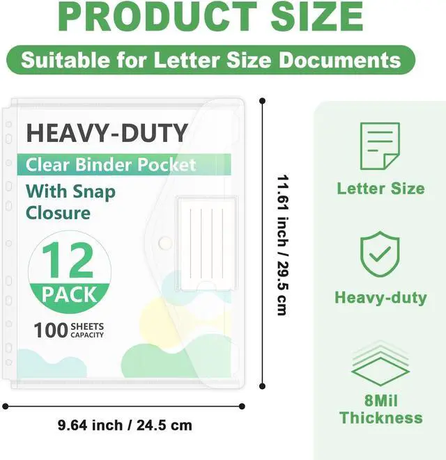 Alt view image 2 of 7 - HOUYEE 12 Pack Heavy-Duty Clear Binder Pocket Folders for 2/3/4 Ring Binder