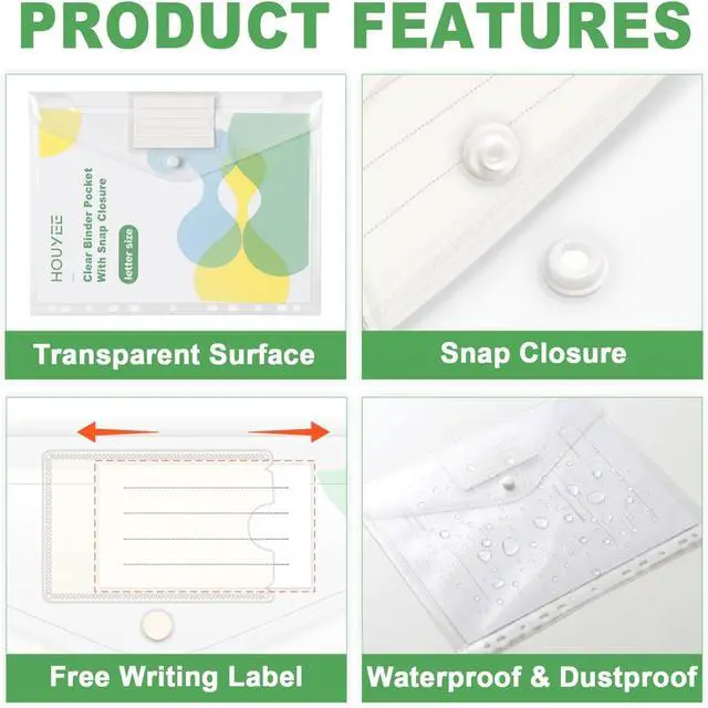 Alt view image 4 of 7 - HOUYEE 12 Pack Heavy-Duty Clear Binder Pocket Folders for 2/3/4 Ring Binder