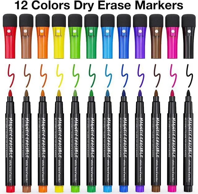 Alt view image 2 of 7 - Magnetic Dry Erase Markers Fine Point Tip, 12 Count Colorful White Board Markers Dry Erase Marker with Eraser Cap, Low Odor Thin Marking for Teachers, Calendar Boards, Office, School Supplies