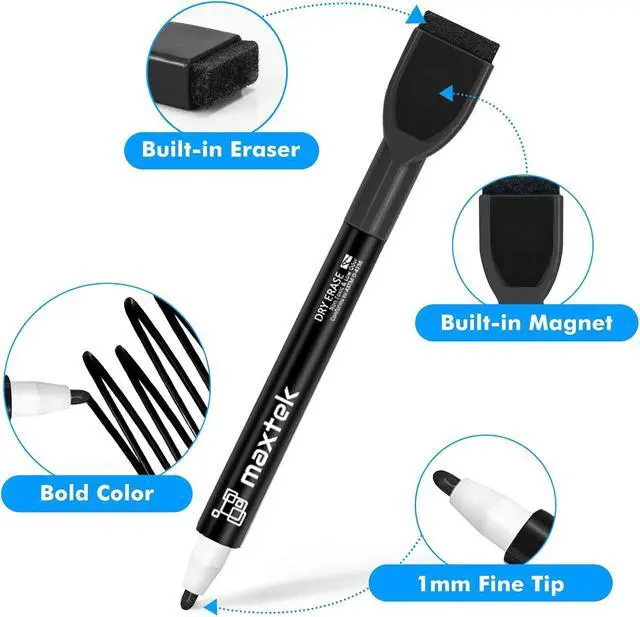 Alt view image 2 of 7 - maxtek Magnetic Black Dry Erase Markers, 6 Count Fine Tip Whiteboard Markers with Eraser, Thin Markers Low Odor for Classroom, Office, Home