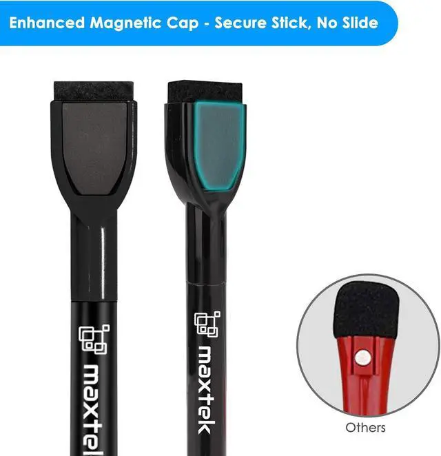 Alt view image 4 of 7 - maxtek Magnetic Black Dry Erase Markers, 6 Count Fine Tip Whiteboard Markers with Eraser, Thin Markers Low Odor for Classroom, Office, Home