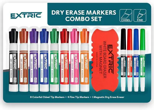 Main image of EXTRIC Dry Erase Markers with Eraser 12 PK Whiteboard Set Fine, Chisel