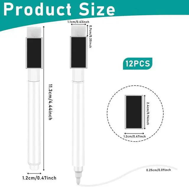 Alt view image 5 of 7 - Mozeat Lens 12 Pcs Dry Erase Marker Magnetic White Fine Tip Magnetic Markers Whiteboard Markers with Eraser Marker for White Board Mini Dry erase Markers Dry Erase Pens for Office Home Black