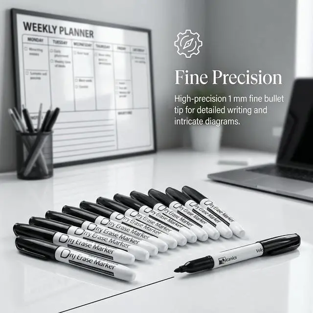 Alt view image 3 of 7 - Volcanics Black Dry Erase Markers, Fine Tip Whiteboard Pens, 12 Pack