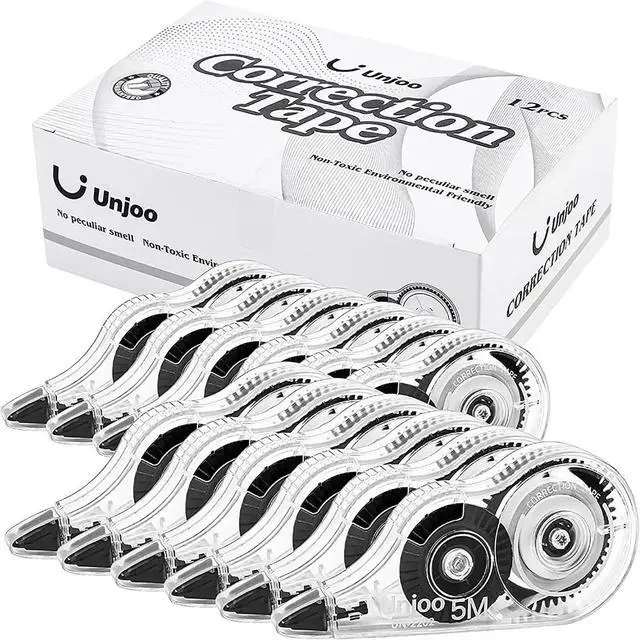Main image of Unjoo White Correction Tape, For school, Office,12pack, 5M/196"x0.2",Black