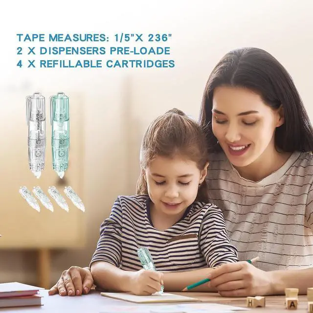 Alt view image 2 of 6 - White Retractable Correction Tapes, 2 Cute Pre-Loaded Correctors with 4 Refills, Pull-Out Pen-Shaped Applicator, Anti-Break Tape for Office Supplies (Transparent, Green)