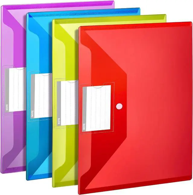 Main image of LEOBRO File Folders for Documents, 4 Pcs Plastic Folders with Pocket, Plastic Envelopes with Snap Closure, Reusable File Bags, for School & Office, A4 Size