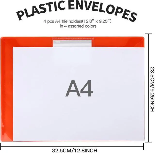 Alt view image 2 of 7 - LEOBRO File Folders for Documents, 4 Pcs Plastic Folders with Pocket, Plastic Envelopes with Snap Closure, Reusable File Bags, for School & Office, A4 Size