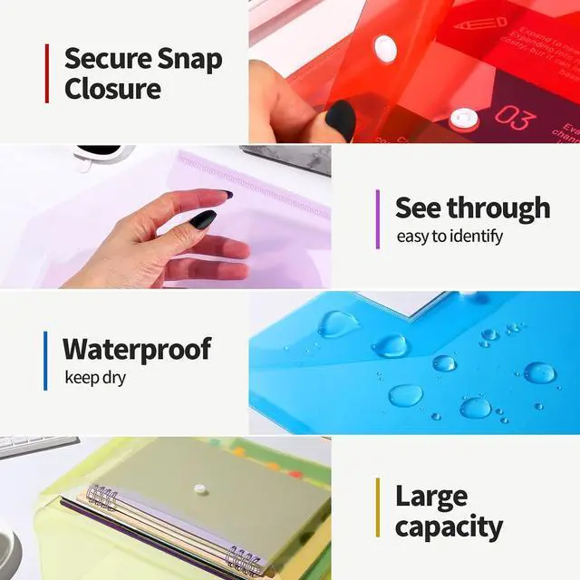 Alt view image 3 of 7 - LEOBRO File Folders for Documents, 4 Pcs Plastic Folders with Pocket, Plastic Envelopes with Snap Closure, Reusable File Bags, for School & Office, A4 Size